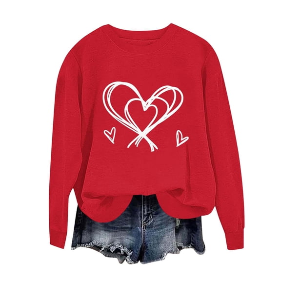Valentines Shirt for Women Cute Heart Print Graphic Crew Neck Pullover Long Sleeve Oversized Blouse Tops Valentines Day Sweaters Blouses
