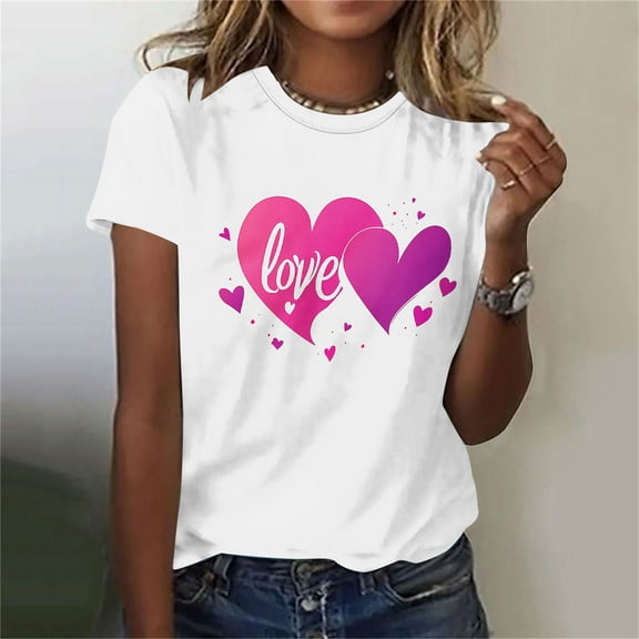Valentines Shirt for Women, Heart T Shirts Women, Short Sleeve Tops Trendy Women's Round Neck Print Casual Short Sleeved Tops Crew Neck Blouse Shirt