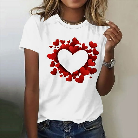 Valentines Shirt for Women, Heart T Shirts Women, Short Sleeve Tops Trendy Women's Round Neck Print Casual Short Sleeved Tops Crew Neck Blouse Shirt