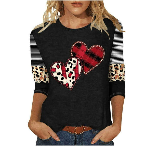 Valentines Shirt for Womens Plus Size 3/4 Sleeve Tops Cute Plaid Leopard Heart Print Crewneck Tees