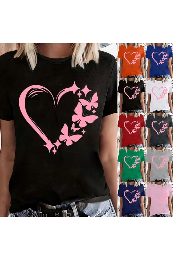 Valentines Shirts For Women Cute Love Butterfly Heart Graphic Tees 3/4 Sleeve Teacher Gift Tops Navy XL