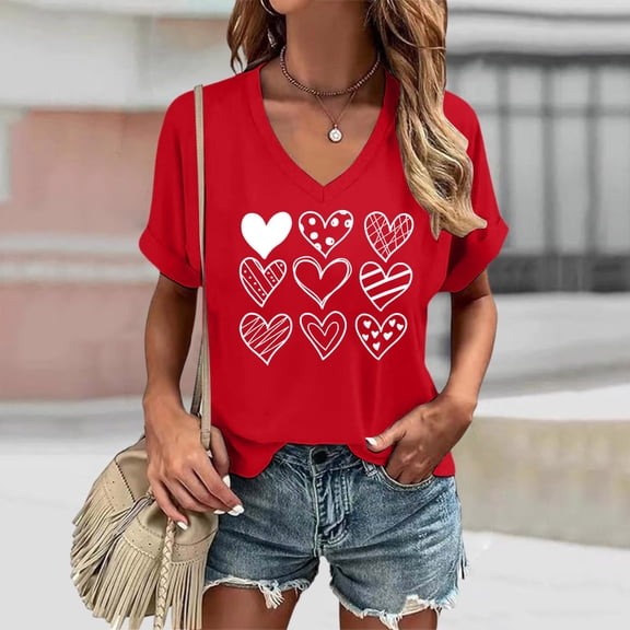 Valentines Shirts For Women Heart Print V Neck Shirt Fashion Short Sleeve Comfy Soft Tunic Top Comfy Soft Basic Tee Vacation Clothes Red XL