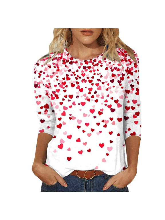 Valentines Shirts For Women Trendy 2026 Cute Love Heart Print Tunic Tops Plus Size Casual 3/4 Sleeve Blouses
