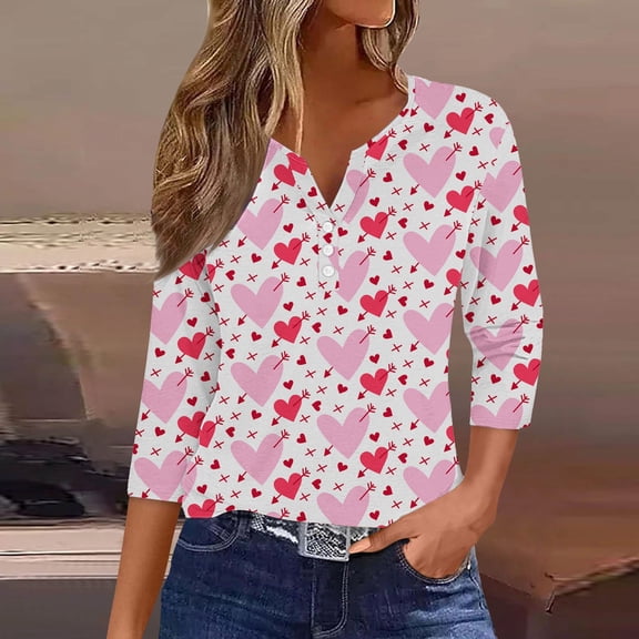 Valentines Shirts for Women 3/4 Sleeve Henley V Neck Tunic Tops Holiday Party Plus Size Blouses Heart Graphic Tees,Button Down Pullover Pink Tops for Women,Valentines Day Gifts Spring Clothing