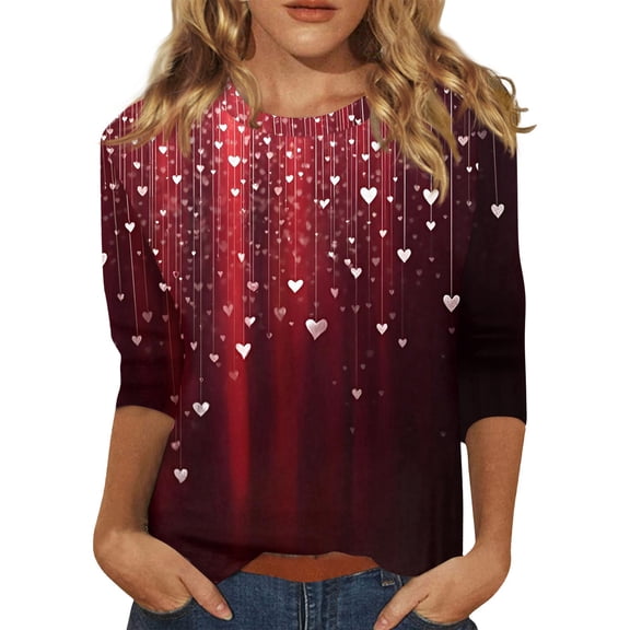 Valentines Shirts Women Casual 3/4 Sleeve Tunic Tops Cute Love Heart Printed T-Shirts Holiday Round Neck Blouses Loose Three Quarter Length Pullover Hot Pink S