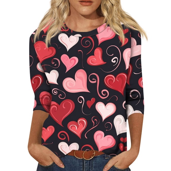 Valentines Shirts Women Casual 3/4 Sleeve Tunic Tops Funny Love Heart Printed T-Shirts Loose Three Quarter Length Pullover Holiday Round Neck Blouses Multicolor XL