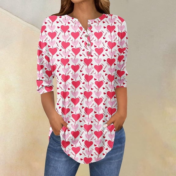 Valentines Shirts for Women Cute Love Heart Printed Tees Blouse 2026 Casual Long Sleeve Henley V Neck Holiday Tops,Valentines 3/4 Sleeve Shirts Cute Graphic Tunic Tops Plus Size Casual Spring Blouses