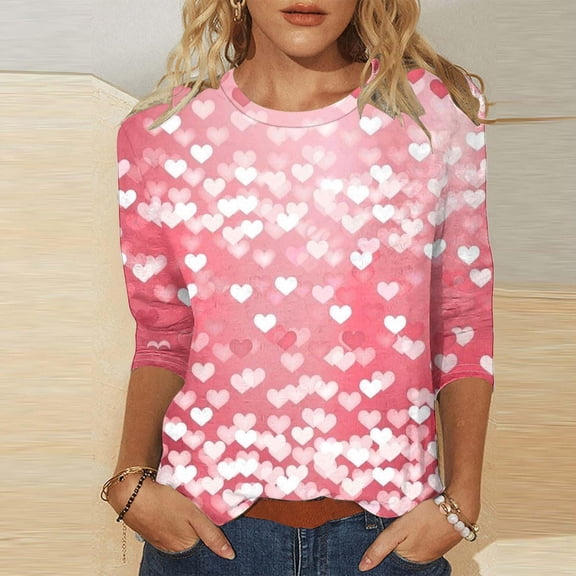 Valentines Shirts for Women Cute Love Heart Printed Tunic Tops Casual Summer 3/4 Sleeve Tunic Loose Fit Blouses Holiday Valentines Outfits Relaxed Fit Soft Comfy Romantic Valentine's Day Gifts Tees