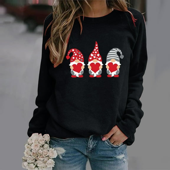 Valentines Shirts for Women Heart Print Heart Print Lightweight Crew Neck Long Sleeve Classic T Shirts Loose Fit Comfy Soft Basic Tee Vacation Clothes Black XL