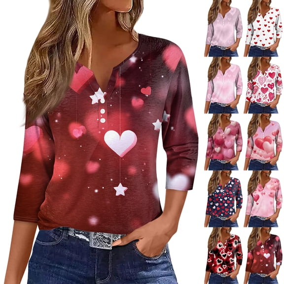 Valentines Shirts for Women Henley V Neck Letter Printed Button Down Tops Lovely Heart 3/4 Sleeve Plus Size Cure Blouses Love You Patterned Casual Graphtic Pink Red T-shirts Red L