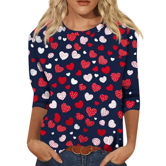 Valentines Shirts for Women Holiday 3/4 Sleeve Tunic Tops Cute Love Hearts Graphic T-Shirts Loose Three Quarter Length Blouses Casual Round Neck Pullover Watermelon Red S