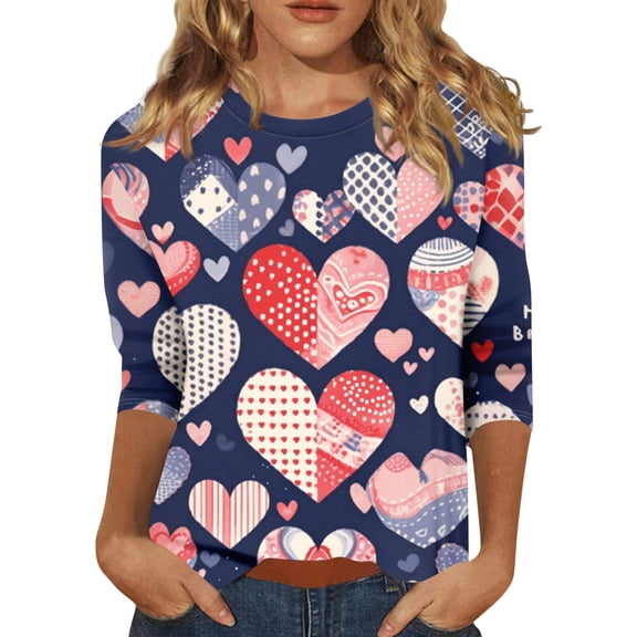 Valentines Shirts for Women Holiday 3/4 Sleeve Tunic Tops Funny Love Hearts Graphic T-Shirts Loose Crew Neck Pullover Casual Three Quarter Length Blouses Blue L