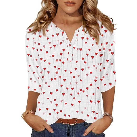 Valentines Shirts Women Holiday Button V Neck Tunic Tops Cute Love Heart Printed T-Shirts Loose 3/4 Sleeve Pullover Casual Three Quarter Length Blouses White XL