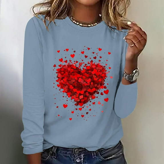 Valentines Shirts for Women, Ladies Tops and Blouses Long Sleeve, Fashion Women's Valentine's Day Printed Blouse Loose Comfortable Crew-Neck Long Sleeve Shirt Tops