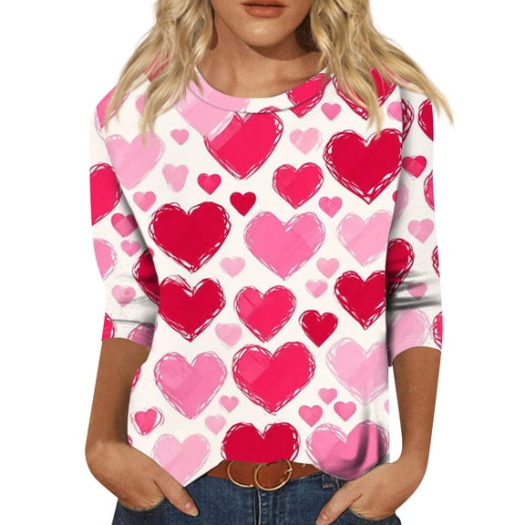 Valentines Shirts for Women Loose 3/4 Sleeve T-Shirts Cute Love Hearts Graphic Tunic Tops Casual Three Quarter Length Blouses Holiday Round Neck Pullover Vermilion L