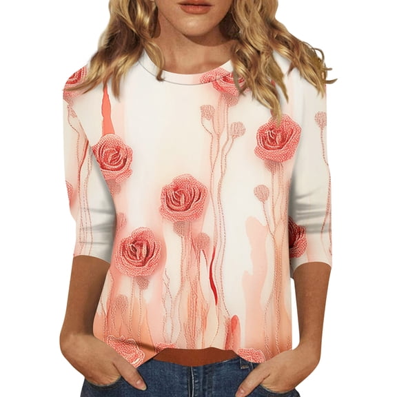 Valentines Shirts Women Loose 3/4 Sleeve T-Shirts Funny Valentine Love Printed Tunic Tops Holiday Crew Neck Blouses Casual Three Quarter Length Pullover Beige M