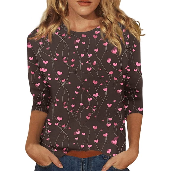 Valentines Shirts Women Loose 3/4 Sleeve Tunic Tops Cute Valentine Love Printed T-Shirts Holiday Crew Neck Blouses Casual Three Quarter Length Pullover Navy M