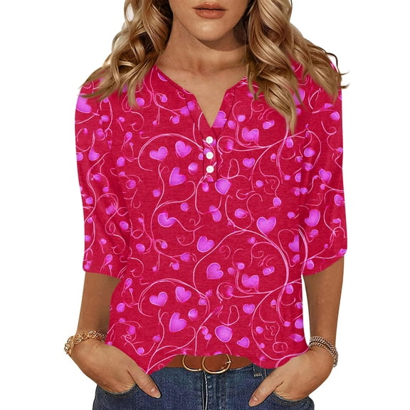 Valentines Shirts Women Loose 3/4 Sleeve Tunic Tops Funny Valentine Love Printed T-Shirts Casual Button V Neck Blouses Holiday Three Quarter Length Pullover Vermilion XL