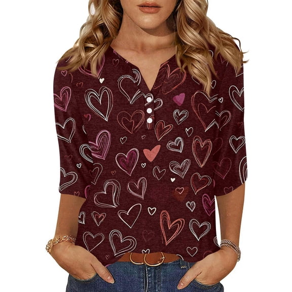 Valentines Shirts Women Loose Button V Neck Tunic Tops Cute Valentine Love Printed T-Shirts Casual 3/4 Sleeve Blouses Holiday Three Quarter Length Pullover Black S