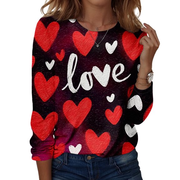 Valentines Shirts Women Loose Long Sleeve Tunic Tops Cute Valentine Love Printed T-Shirts Holiday Round Neck Pullover Casual Blouses Pink M