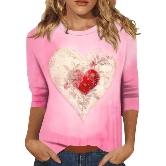 Valentines Shirts Women Plus Size Casual 3/4 Sleeve T-Shirts Cute Valentine Love Printed Tunic Tops Holiday Round Neck Pullover Loose Three Quarter Length Blouses Hot Pink M