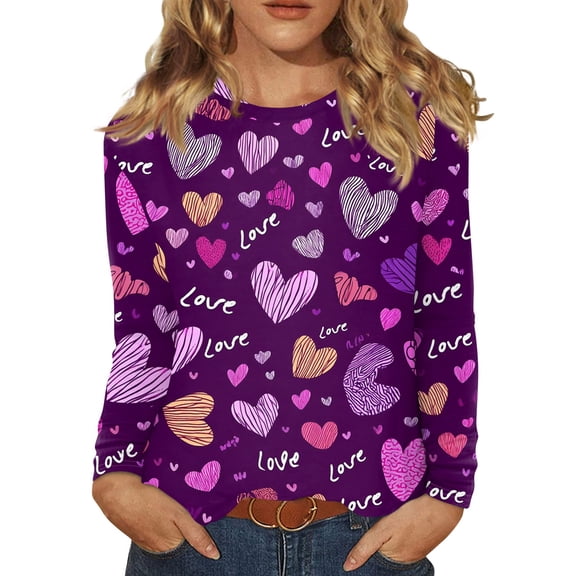 Valentines Shirts Women Plus Size Casual Long Sleeve Tunic Tops Cute Love Heart Printed T-Shirts Holiday Crew Neck Pullover Loose Blouses Purple XL