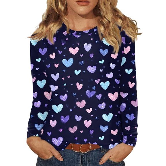Valentines Shirts Women Plus Size Casual Long Sleeve Tunic Tops Cute Valentine Love Printed T-Shirts Holiday Round Neck Pullover Loose Blouses Dark Purple M