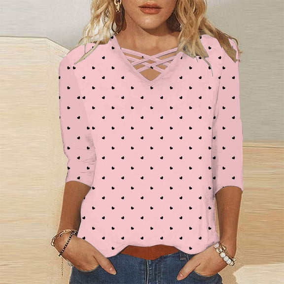 Valentines Shirts for Women Plus Size Cute 3/4 Sleeve Funny Graphic Tee Shirt Heart Shaped Fashion Casual Clothes Tops,Heart Graphic Print V Neck Loose Fit Tunic Blouse Spring Dressy Outing Tops