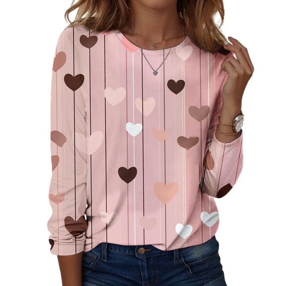 Valentines Shirts Women Plus Size Holiday Long Sleeve Tunic Tops Funny Love Hearts Graphic T-Shirts Casual Crew Neck Pullover Loose Blouses Red S