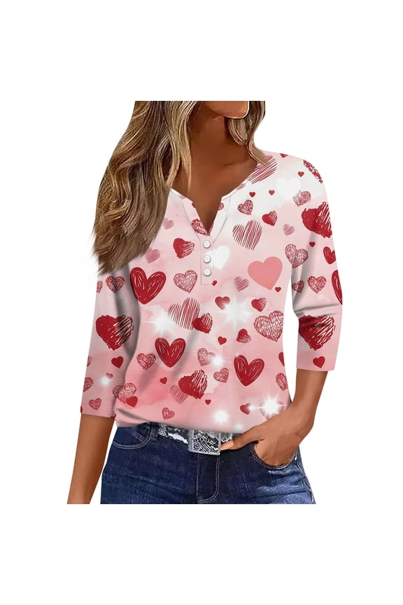 Valentines Shirts Women Plus Size Loose 3/4 Sleeve T-Shirts Funny Love Hearts Graphic Tunic Tops Casual Button V Neck Pullover Holiday Three Quarter Length Blouses Red XL