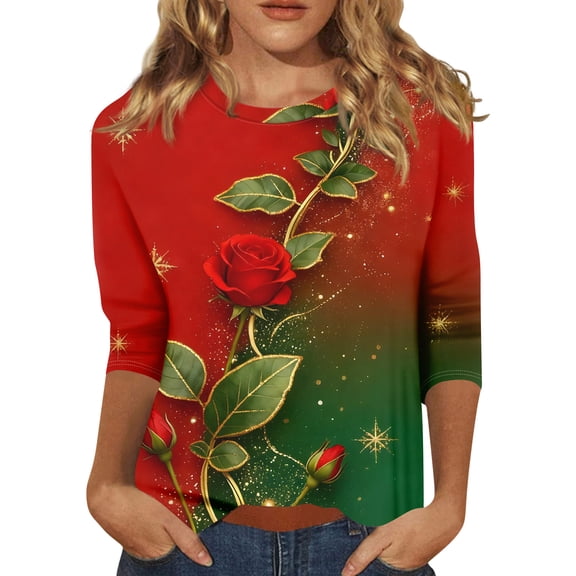 Valentines Shirts Women Plus Size Loose 3/4 Sleeve Tunic Tops Cute Valentine Love Printed T-Shirts Casual Round Neck Pullover Holiday Three Quarter Length Blouses Red M
