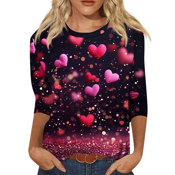 Valentines Shirts Women Plus Size Loose 3/4 Sleeve Tunic Tops Funny Love Hearts Graphic T-Shirts Holiday Crew Neck Pullover Casual Three Quarter Length Blouses Dark Purple XL