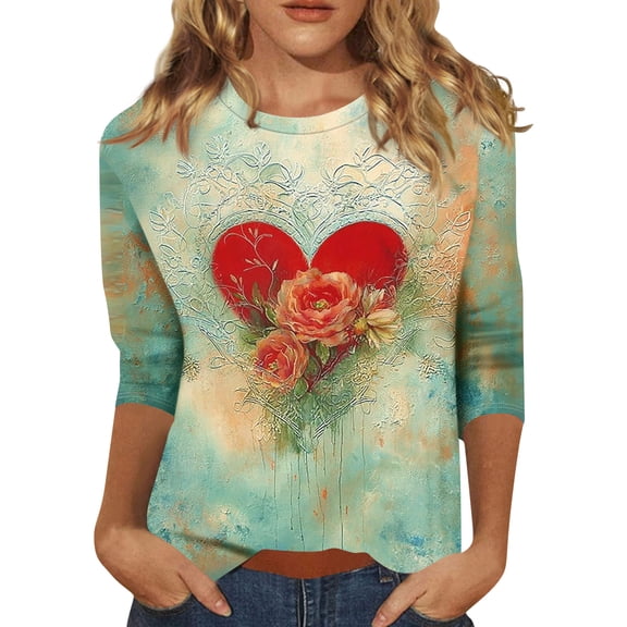 Valentines Shirts Women Plus Size Loose 3/4 Sleeve Tunic Tops Funny Valentine Love Printed T-Shirts Casual Round Neck Blouses Holiday Three Quarter Length Pullover Green M