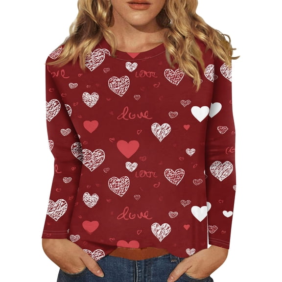 Valentines Shirts Women Plus Size Loose Long Sleeve T-Shirts Funny Love Heart Printed Tunic Tops Holiday Crew Neck Blouses Casual Pullover Deep Red 2XL