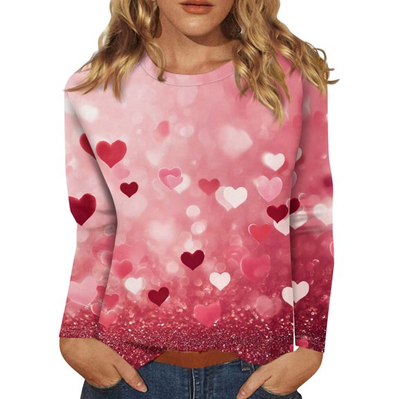 Valentines Shirts Women Plus Size Loose Long Sleeve T-Shirts Funny Love Heart Printed Tunic Tops Holiday Round Neck Blouses Casual Pullover Pink M