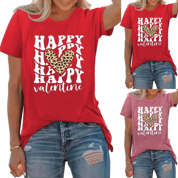 Valentines Shirts Women Plus Size Short Sleeve Letter Print Tops Loose Crew Neck Couple Date Gifts Love Festive Casual Valentines Tshirt