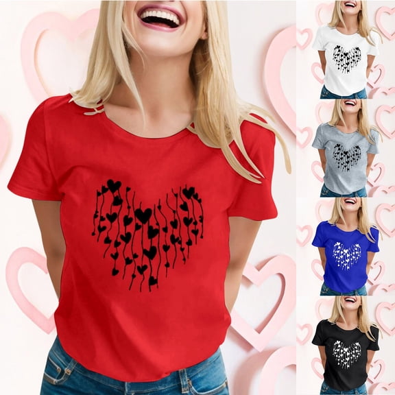 Valentines Shirts Women Short Sleeve Heart Print Pullover Tops Crew Neck Couple Date Gifts Love Festive Casual Loose Valentines T Shirt