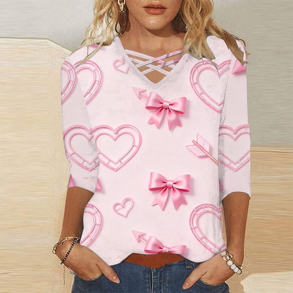 Valentines Shirts for Women Trendy 2026 Love Heart Print Tunic Top Plus Size 3/4 Length Sleeve Blouses Holiday Clothes Cute Heart Print Tee Womens 3/4 Sleeve Crew Neck Cute Valentines Tops for Women