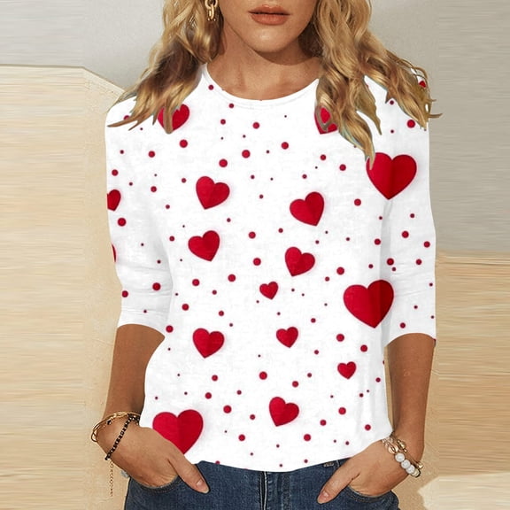 Valentines Shirts for Women Heart Print Crew Neck Loose Fit 3/4 Sleeve Tunic T Shirt Casual Comfortable Comfy Soft Blouses Vacation Clothes White L