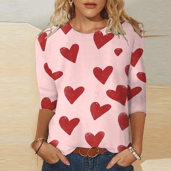 Valentines Shirts for Women Heart Print Solid Loose Crew Neck Long Sleeve T Shirt Lightweight Comfy Soft Tee Pullover Outfits Red XXL