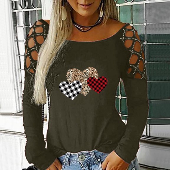 Valentines Shirts for Women Heart Print V Neck Shirt Fashion Long Sleeve Comfy Soft Tunic Top Comfy Soft Blouses Vacation Clothes Army Green XL
