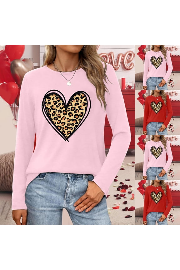Valentines Shirts for Women Long Sleeve Leopard Heart Print Tops Crew Neck Spring Couple Date Gifts Love Festive Casual Valentines T Shirt