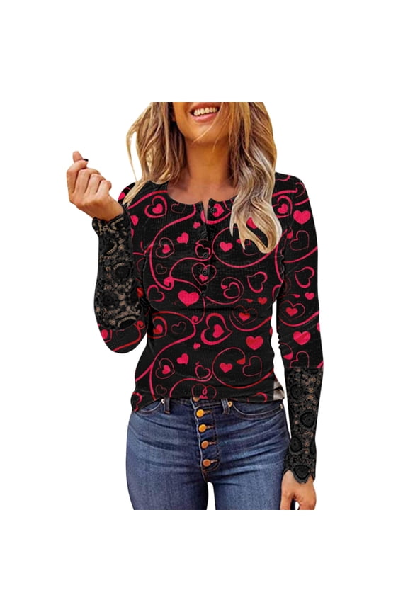 Valentines Shirts for Women Loves Heart Graphic Tops Slim Shirt ing Long Sleeve Hole Striped V-neck Buttoned Blouse Trendy Outfits
