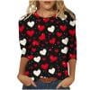Valentines Shirts for Women Plus Size S-5XL Cute Hearts Print 3/4 Sleeve Crewneck Tshirts Tunic Tops Holiday (M, Black 01)