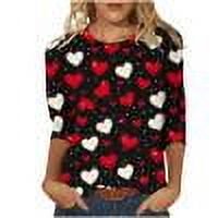 Valentines Shirts for Women Plus Size S-5XL Cute Hearts Print 3/4 Sleeve Crewneck Tshirts Tunic Tops Holiday (XL, Black 01)