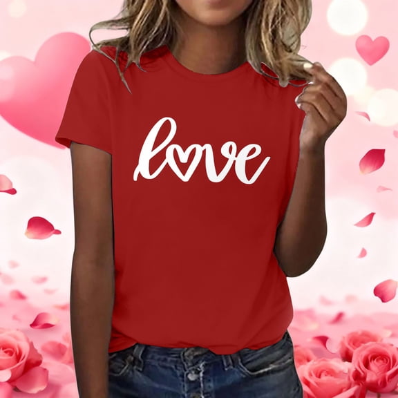 Valentines Shirts for Women Printed LOVE Round Neck Short Sleeved Soft Comfy Casual Fashion T Shirt
