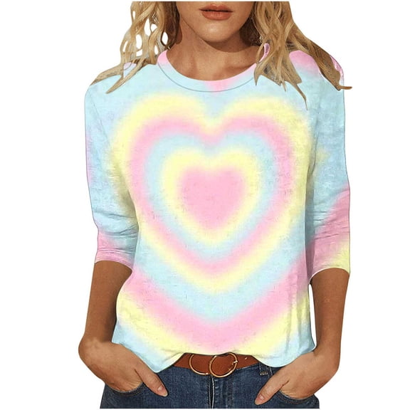 Valentines Shirts for Women Tie Dye Heart T Shirt Casual Loose Valentine's Tee Shirt 3/4 Sleeve Crew Neck Tops