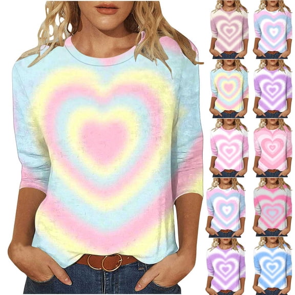 Valentines Shirts for Women Tie Dye Heart T Shirt Casual Loose Valentine's Tee Shirt 3/4 Sleeve Crew Neck Tops