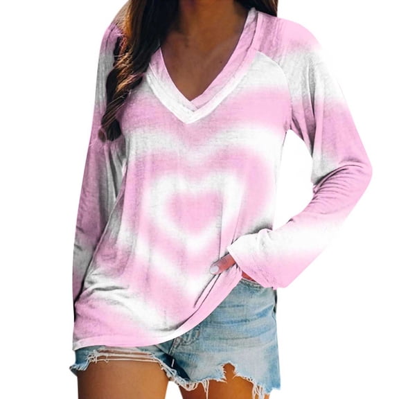 Valentines Shirts for Women Tie Dye Heart T Shirt Casual Loose Valentine's Tee Shirt Long Sleeve V Neck Tops