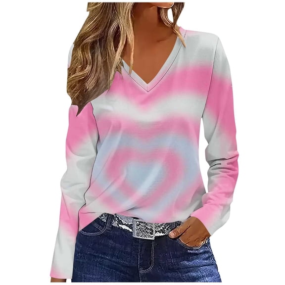 Valentines Shirts for Women Tie Dye Heart T Shirt Casual Loose Valentine's Tee Shirt Long Sleeve V Neck Tops